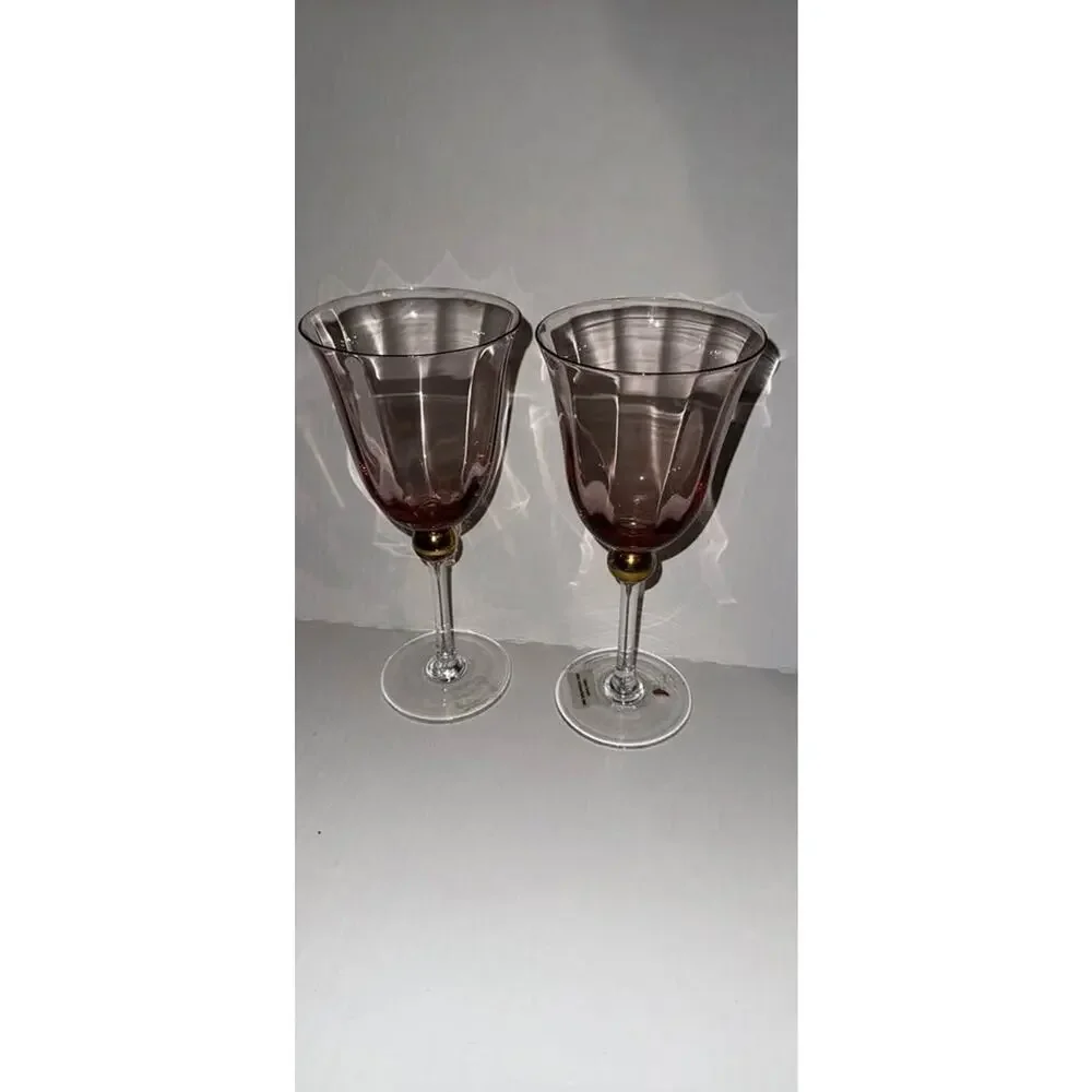Vintage Pink Optic Fluted Wine Glasses Gold Ball Sphere Stem MCM